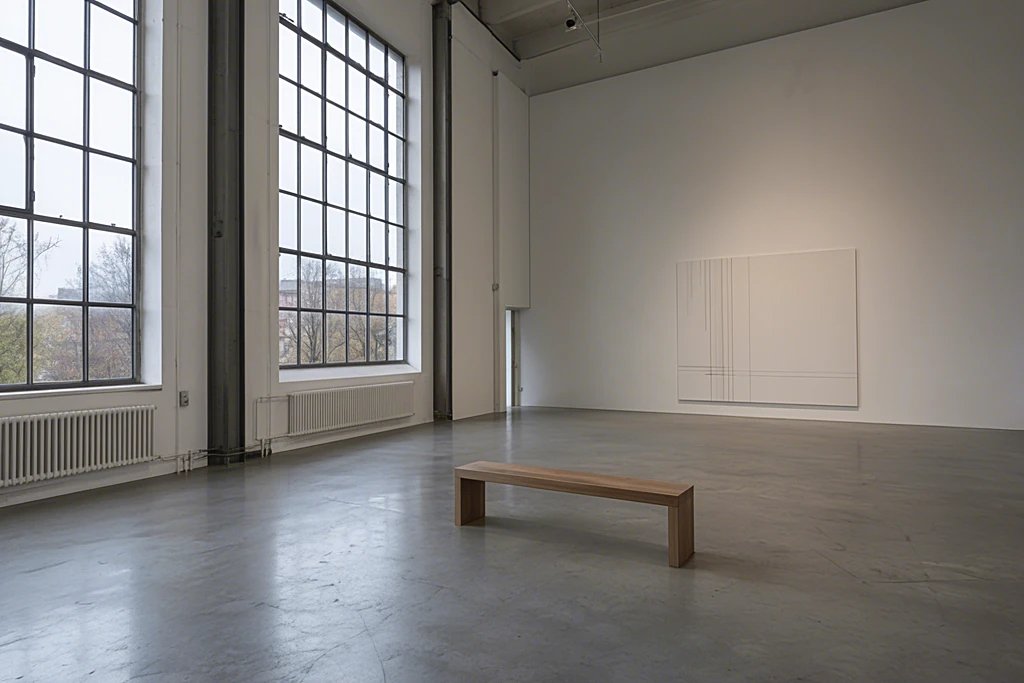 Leere Ausstellungshalle mit Holzbank vor einer minimalistischen Wandarbeit im Herbstlicht
